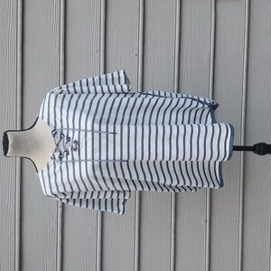 Virtuelle  French Terry Short Sleeve Striped Tie V-Neck Shirt